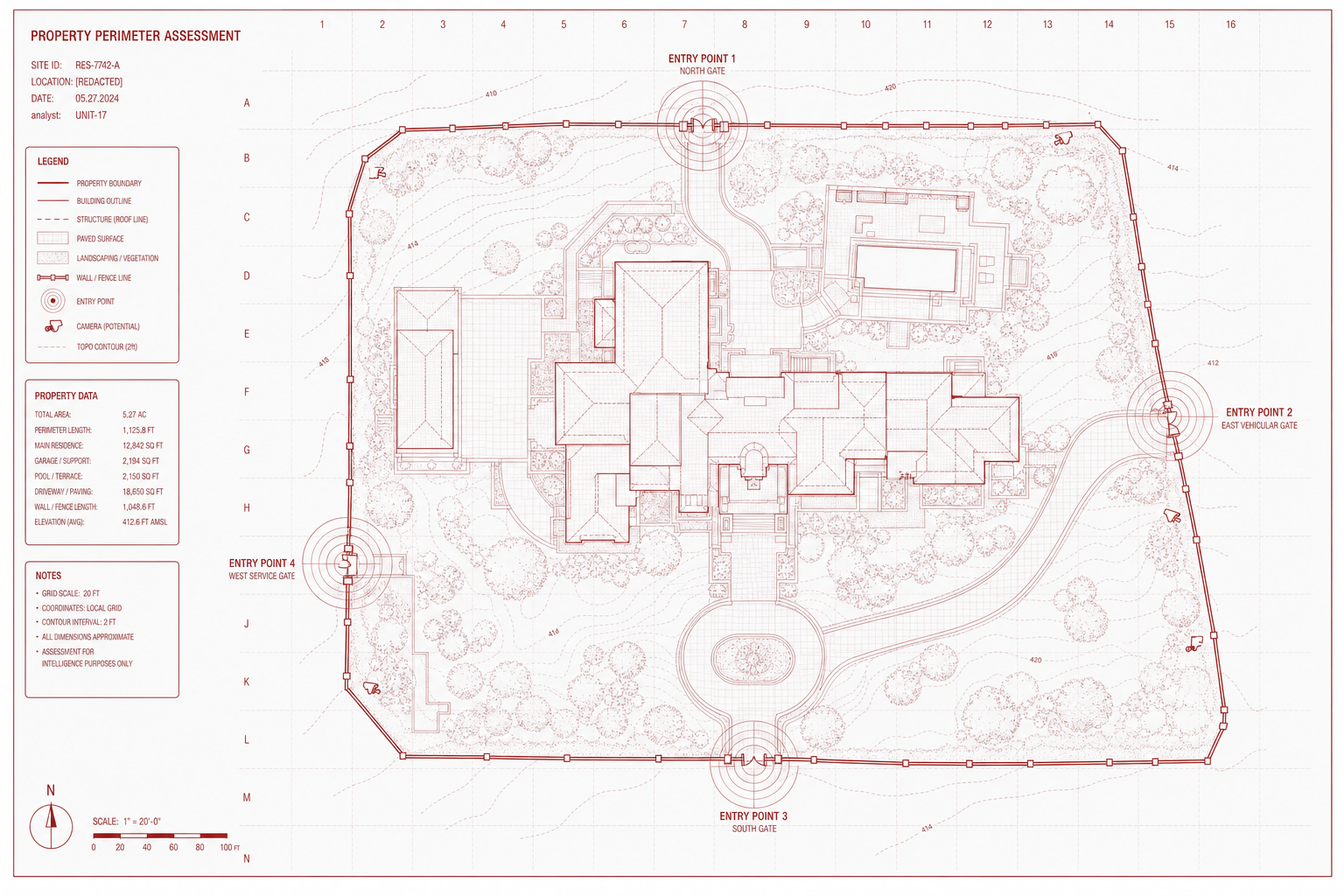 A wireframe blueprint of a property perimeter with radar markers